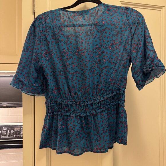 Neiman Marcus Size Small Blue and Red Flowered Peplum Top - Picture 2 of 4